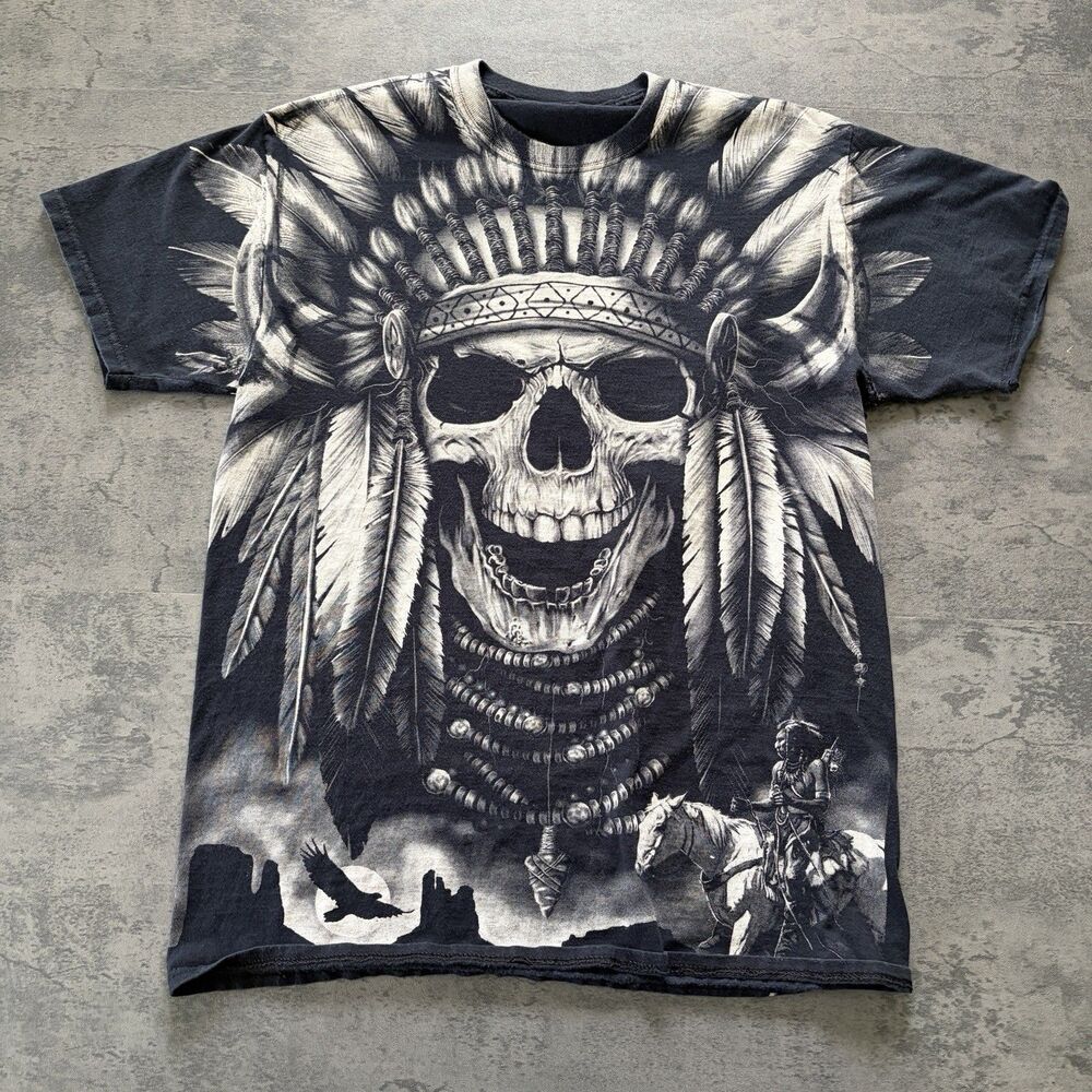 Vintage Y2K Skull Headdress Native American Western Print T Shirt M Retro
